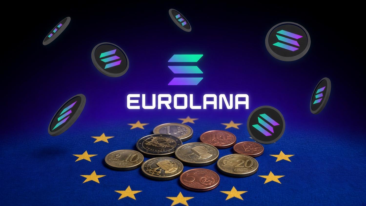 EUROLANA wordmark over euro coins on a field of EU stars, with Solana tokens in orbit